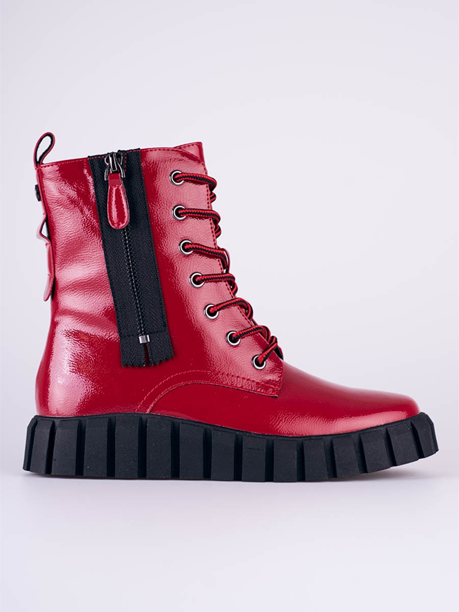 Originální  kotníčkové boty dámské červené na plochém podpatku